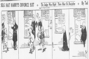 Eine Karikatur eines Mannes in einem schwarzen Anzug und einer Frau in einem eleganten Kleid mit einem schwarzen Schal, beide mit ernsten Gesichtern, die über eine Scheidungsklage sprechen.