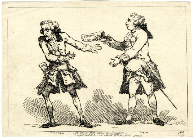 Zwei Karikaturen-Männer in Renaissance-Kleidung, einer hält ein Papier mit dem Wort "Rente" unten sichtbar