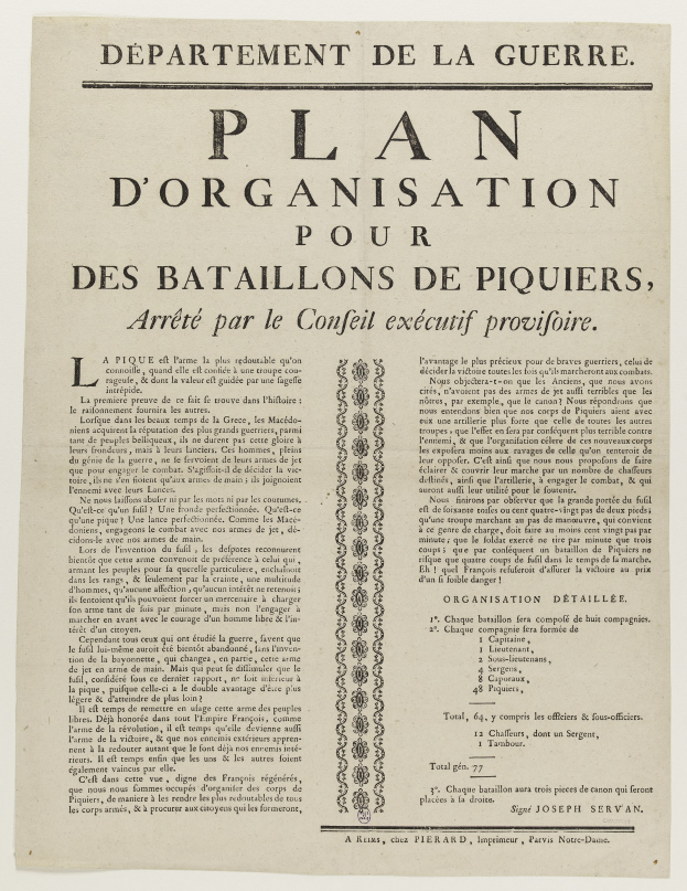 Dokument mit dem Titel "Plan d'Organisation pour des Bataillons de Piquiers, Arreté par le Conseil Executif Provifoire", das die Organisation für die Schlacht von Piquier beschreibt.