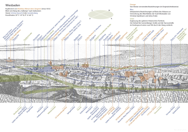 Eine historische Karte von Wiesbaden, Deutschland, mit farbcodierten Regionen und begleitendem Text, der die Geschichte der Stadt, die Bevölkerung, Sehenswürdigkeiten und interessante Punkte beschreibt.