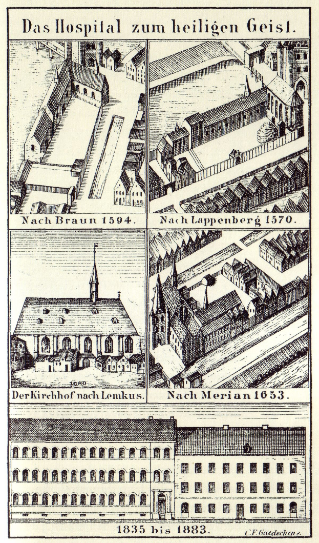 Eine detaillierte Abbildung eines deutschen Krankenhausgebäudes auf einem Plakat, begleitet von Text, der dessen Größe, Lage und Merkmale beschreibt.