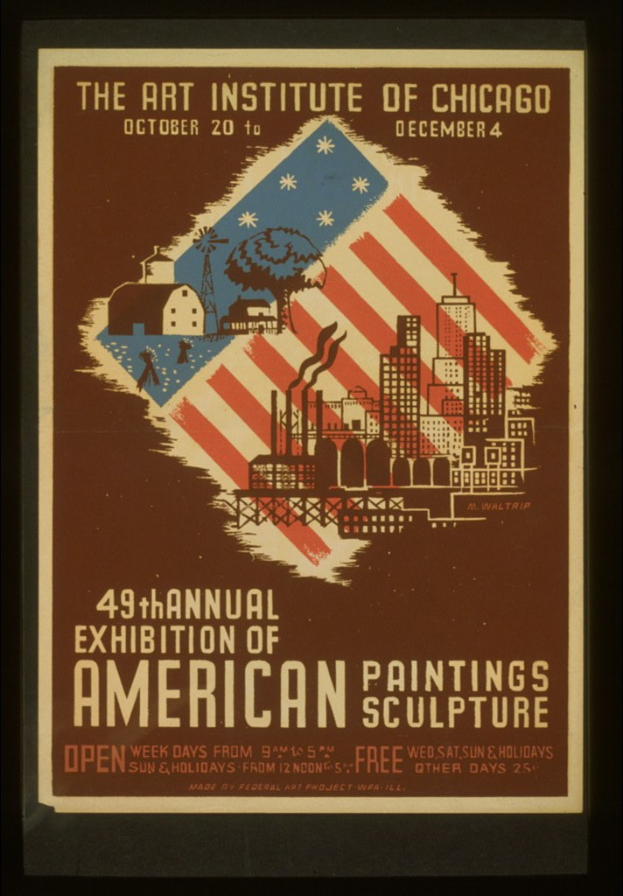 Plakat für die 49. Jahresausstellung von amerikanischen Malereien und Skulpturen des Art Institute of Chicago, das Text und Bilder zum Ereignis zeigt.