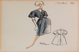 Zeichnung einer Frau in einem Kleid im Stil der 1960er Jahre mit Kragen, langen Ärmeln und einemrock mit dem Text "1960er Jahre" auf dem Papier.