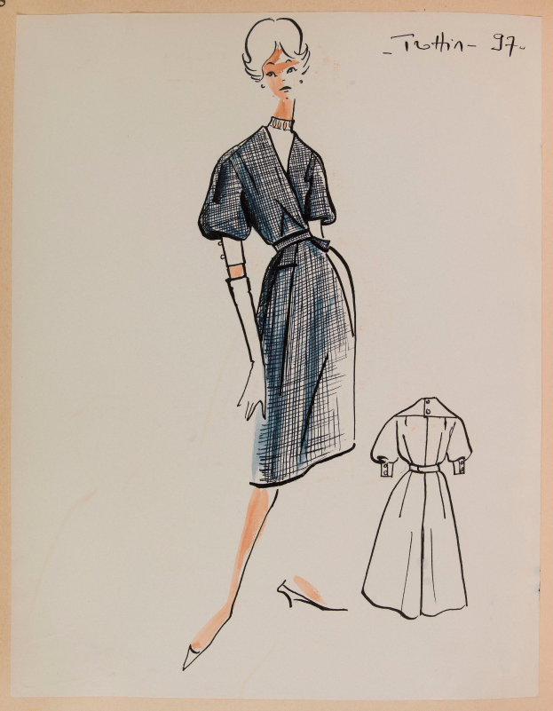 Zeichnung einer Frau in einem Kleid im Stil der 1960er Jahre mit Kragen, langen Ärmeln und einemrock mit dem Text "1960er Jahre" auf dem Papier.