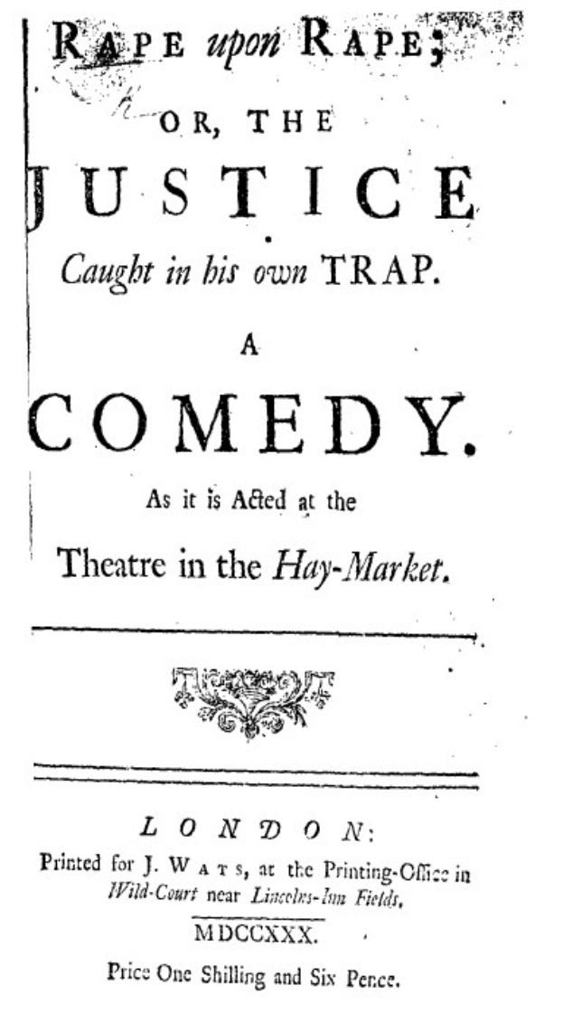 Schwarzes und weißes Plakat mit fetter schwarzer Schrift, die "Vergewaltigung auf Vergewaltigung oder die Gerechtigkeit in ihrer eigenen Falle" lautet, wahrscheinlich Ankündigung einer Comedy-Show.