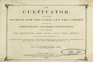 Altes Buch mit dem Titel "The Cultivator, Journal for the Farm and the Garden" geöffnet auf einer Textseite