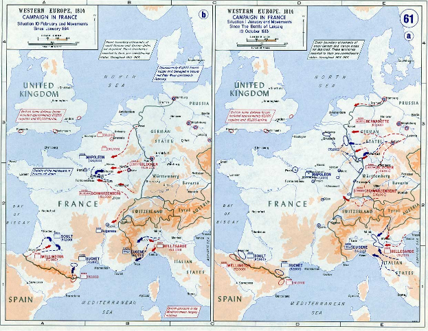 Eine historische Posterkarte von Europa während der Schlacht von Leipzig, unterteilt in Abschnitte für Europa und Frankreich, mit beschrifteten Regionen, Städten und geografischen Merkmalen.