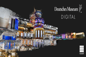 Digitale Kunst des Deutschen Museums Digital mit Gebäuden im Vordergrund und dunklem Hintergrund sowie Text und Logo auf der rechten Seite.