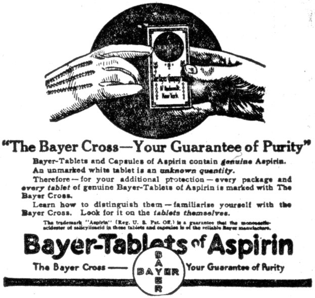 Schwarz-weiß-Plakat mit einer Hand, die eine Bayer-Tablette Aspirin hält, und dem Text "Das Bayer-Kreuz - Ihre Garantie für Reinheit" darunter.