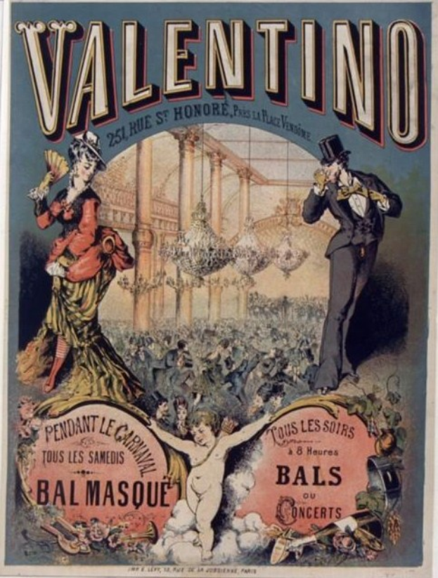 Ein Plakat wirbt für eine Valentinstagsparty in Paris, auf dem ein Mann mit Zylinder und eine Frau in einem langen Kleid nebeneinander stehen, mit Text, der das Ereignis beschreibt.