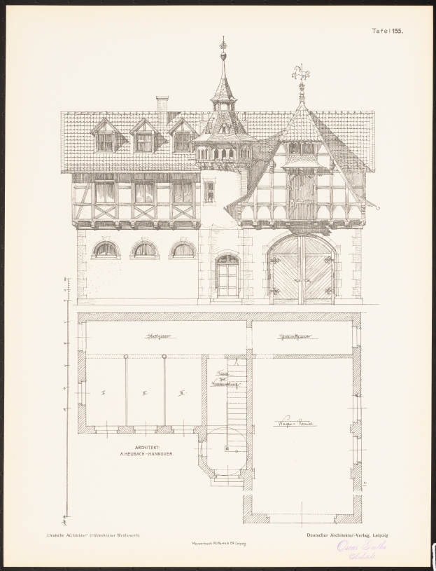 Eine Schwarz-Weiß-Zeichnung eines Gebäudes mit einem Uhrenturm, identifiziert als das Leipziger Architekturmuseum, auf einem Blatt Papier mit Text.