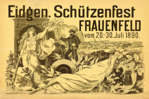Ein Vintage-Plakat für das Eidgen Schützenfest in Frauenfeld, Deutschland, mit einem Mann in einem Anzug und einer Frau in einem Kleid nebeneinanderstehend und Text mit Informationen über das Ereignis.