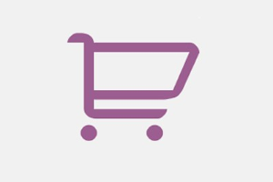 Ein lilafarbenes Einkaufswagen-Symbol auf einem weißen Hintergrund, gefüllt mit Obst, Gemüse und Lebensmitteln, das eine E-Commerce-Website darstellt.