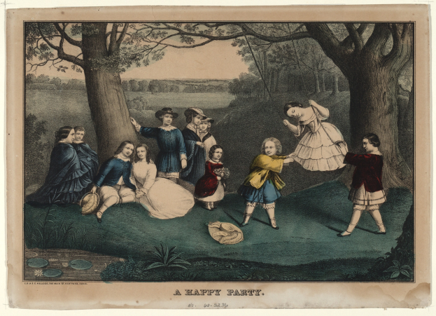 Kinder spielen in einem Park mit Baumen und Gras, einige sitzen und andere stehen, mit "Eine glückliche Party" Text unten.