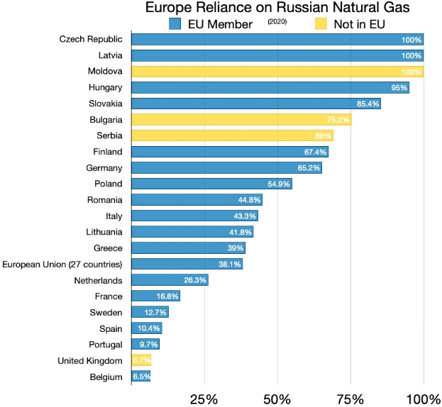 Eine Grafik, die das Abhängigkeitsverhältnis Europas von russischem Erdgas zeigt, mit Prozentangaben für die Investitionen in dem Land.