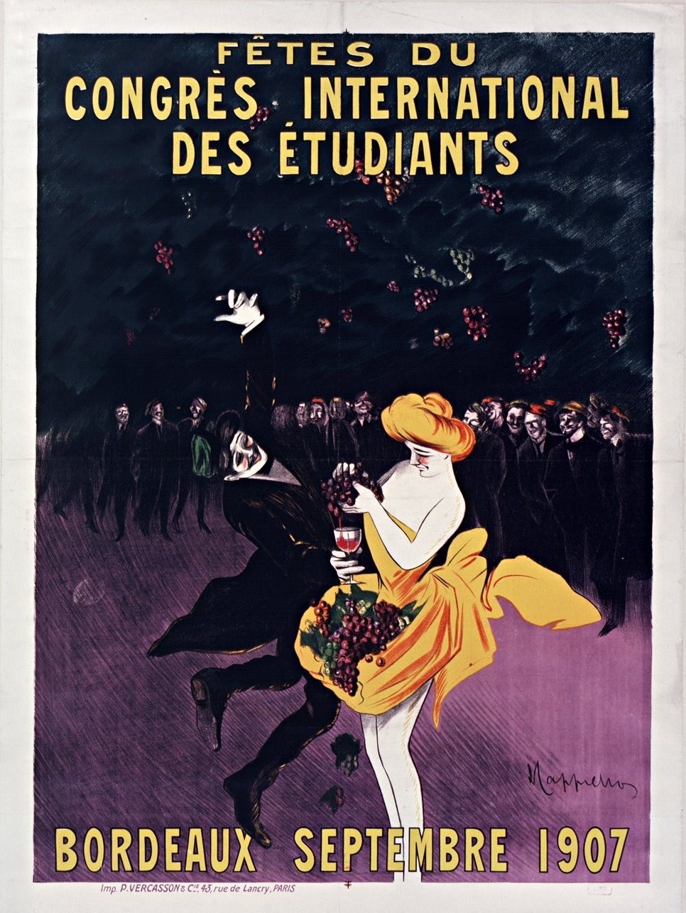 Plakat aus dem Jahr 1907 für eine Weinprobe in Bordeaux, Frankreich, mit einer Frau in gelbem Kleid und einem Weinglas in der Hand, umgeben von einer Menge.