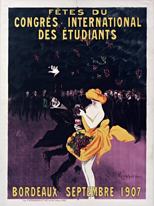 Plakat aus dem Jahr 1907 für eine Weinprobe in Bordeaux, Frankreich, mit einer Frau in gelbem Kleid und einem Weinglas in der Hand, umgeben von einer Menge.