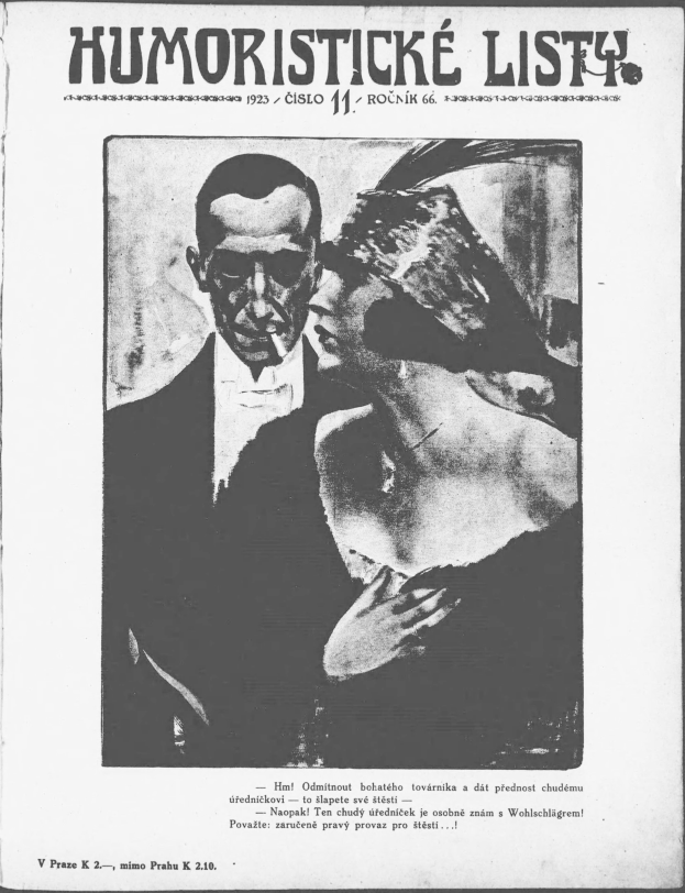 Schwarze und weiße Zeitschriftumschlag mit der Aufschrift 'Humoristische Liste', der einen Mann in einem Anzug mit ernster Miene und eine Frau zeigt, die wegsieht und schmunzelt.