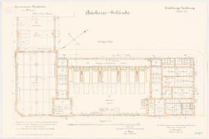 Schwarz-weißer Architekturgrundriss des Reichstagsgebäudes in Berlin, Deutschland, mit beschrifteten Räumen, Fluren, Fenstern und Türen auf altem Papier.