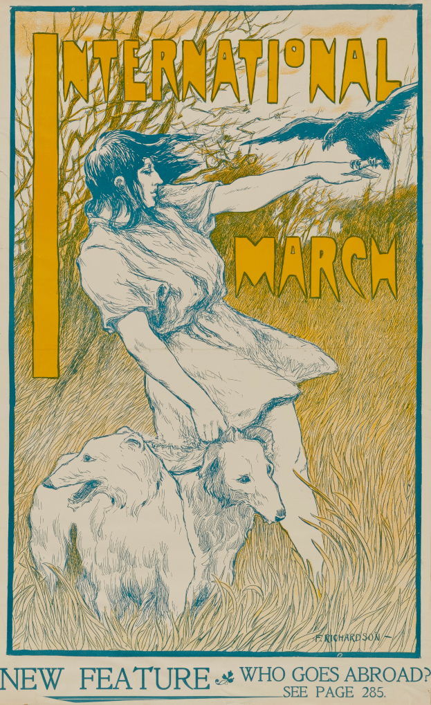 Ein Plakat für den Internationalen Marsch, das eine Frau mit einem menschlichen Gesicht und einen Hund zeigt, mit Text, der Informationen zum Ereignis enthält.