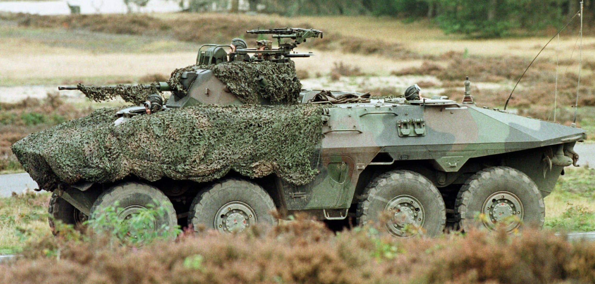 Militärisches Personalfahrzeug mit montierter großer Kanone, das auf einer Straße neben einem Wald fährt, mit Pflanzen unten und Bäumen im Hintergrund.
