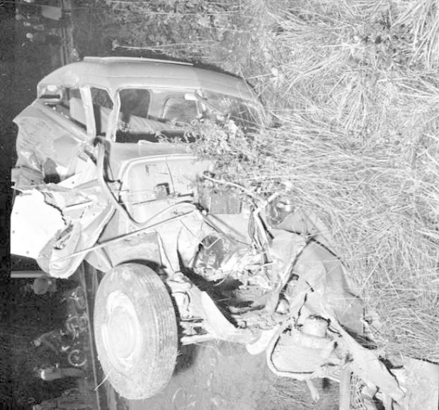 Schwer beschädigtes schwarzes Auto mit eingedellter Front und zersplitterten Fenstern am Straßenrand, mit einem Baum und verstreuten Gegenständen im Hintergrund.