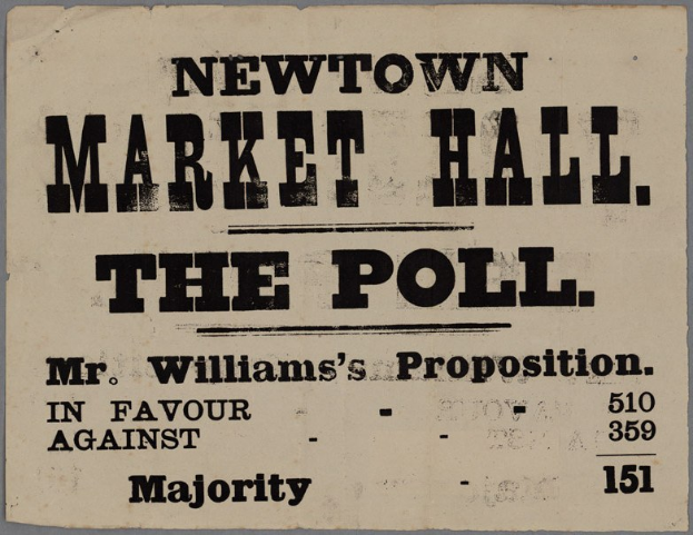 Papier mit handgeschriebener Textzeile "Newtown Market Hall, die Abstimmung, Mr. Williams' Vorschlag für gegen Mehrheit".