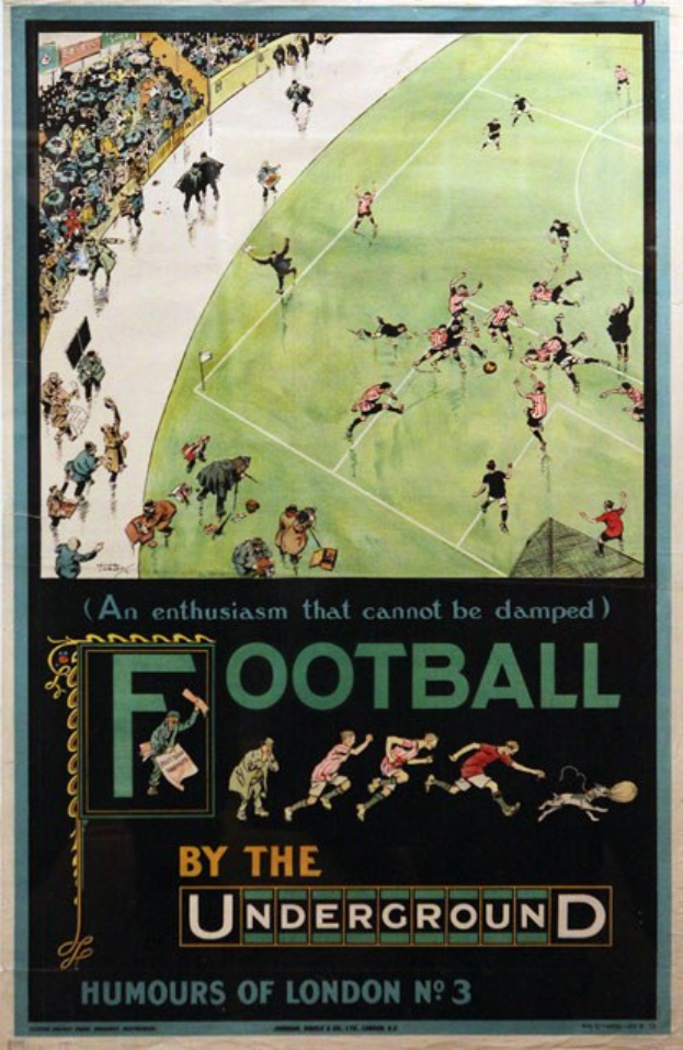 Plakat, das ein Fußballspiel mit dem Titel "Fußball unter der Erde - Londoner Humor Nr. 3" ankündigt, das Zuschauer in einem Stadion zeigt.