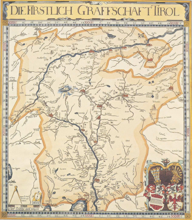 Plakat einer historischen Karte der ersten Grafschaft Tirol, das geographische Merkmale wie Flüsse, Berge und Städte zeigt, begleitet von beschreibendem Text.