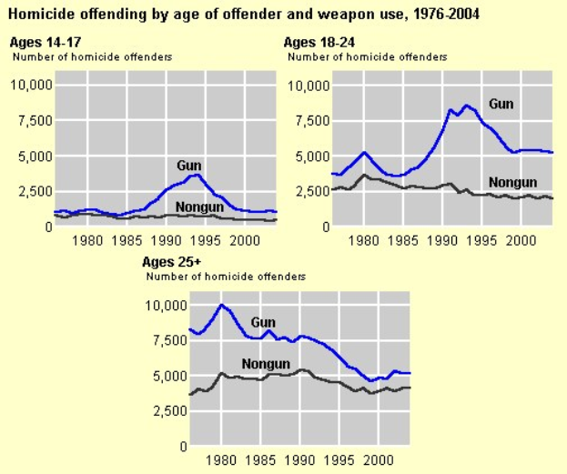 Diagramm, das die Homicide-Offending-Rates nach Alter des Täters und Waffennutzung von 1976 bis 2004 zeigt, mit begleitendem erklärendem Text.