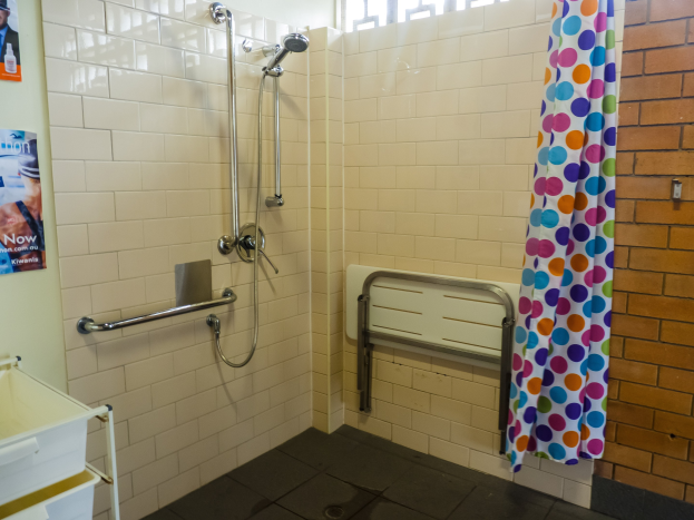 Ein barrierefreies Badezimmer mit Dusche, Handläufen, Vorhang, einer Wand mit Plakaten, einem Ständer mit Tablett und einem Fenster.