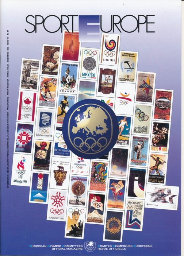 Ein Buchumschlag mit dem Titel "Sporting Europe", der farbenfrohe Bilder und Texte über Olympische Spiele in Europa zeigt, mit fetter weißer Titelzeile.