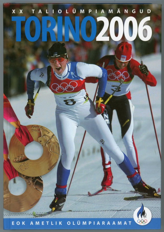 Ein Plakat der Olympischen Spiele 2006 in Turin, Italien, mit zwei Skifahrern auf dem Schnee und der Aufschrift "Turin 2006" oben.