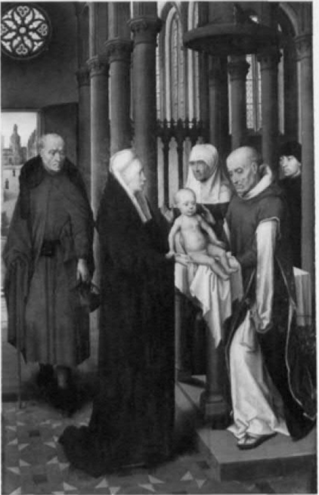 Ein Schwarz-Weiß-Foto einer Gruppe von Menschen, die in einer Kirche stehen, mit einer Frau, die ein Baby in den Armen hält, mehreren Säulen und einem Buntglasfenster im Hintergrund und Text am unteren Rand des Bildes.