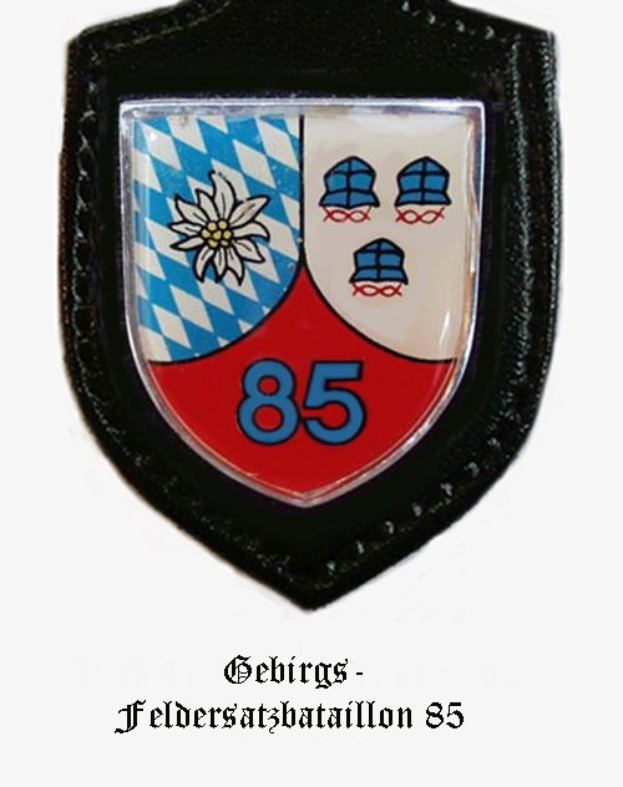 Abzeichen mit der Nummer 85 und dem Logo von FC Bayern München, darunter deutscher Text.