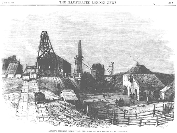 Eine Schwarz-Weiß-Radierung einer Kohlemine in London, England, mit der Beschriftung "Ashley's Colliery, Derbyshire, the site of the recent fatal explosion".