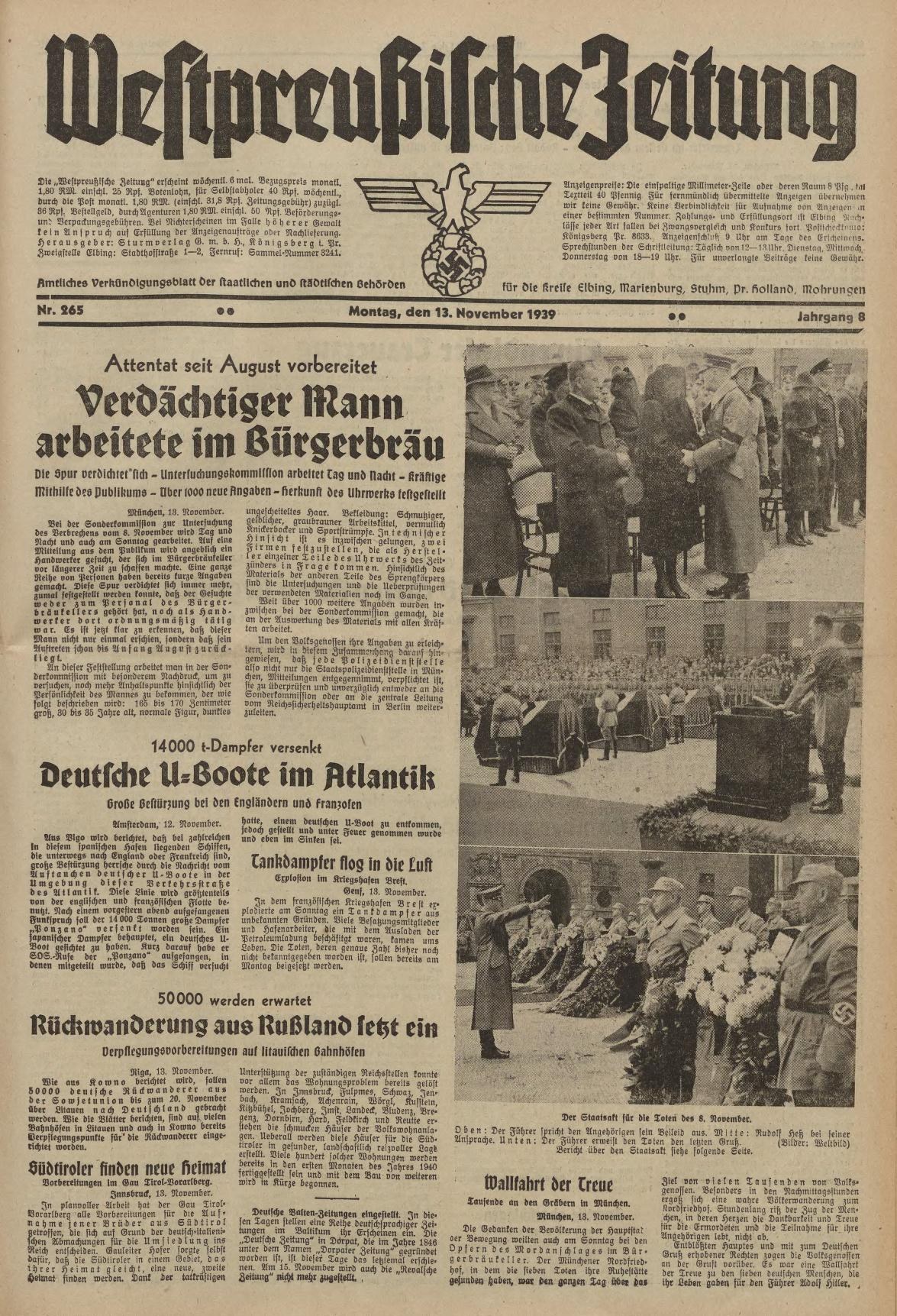 Titelseite der deutschen Zeitung "Weitpreubliche Zeitung" vom 13. November 1939, die eine Gruppe von Menschen in traditioneller deutscher Kleidung zeigt.