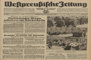 Titelseite der deutschen Zeitung "Weitpreubliche Zeitung" vom 13. November 1939, die eine Gruppe von Menschen in traditioneller deutscher Kleidung zeigt.