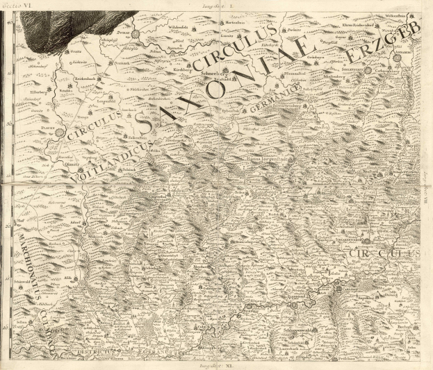 Detailiertes altes Sachsen-Karte von Deutschland, das geografische Merkmale wie Flüsse, Berge und Städte zeigt, mit begleitendem Text.