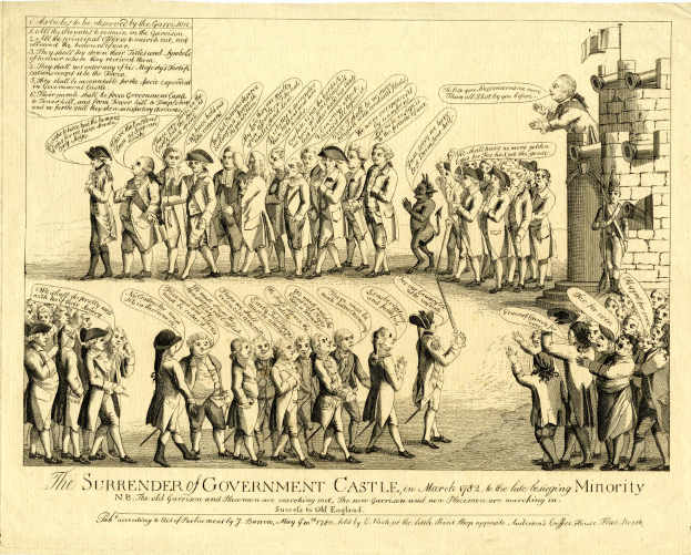 Ein Blatt Papier mit einer Zeichnung einer vielseitigen Gruppe von Menschen vor einer hohen, beeindruckenden Burg mit einem großen Eingang und mehreren Türmen und einer betonten Textstelle.