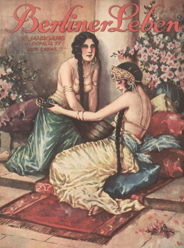 Plakat mit zwei Frauen auf einem Bett umgeben von Kissen und Pflanzen mit Blumen, oben mit "Berliner Leben Magazin-Cover von Oktober 1931" betitelt.
