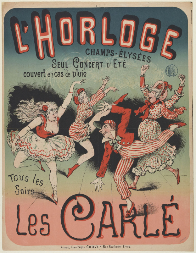 Ein farbenfrohes Konzertplakat für ein Event im Chorlage in Paris, das eine Gruppe von Menschen in bunten Kostümen mit strahlenden Gesichtern beim Tanzen zeigt, vor einem gelben Hintergrund mit fetter Schrift.