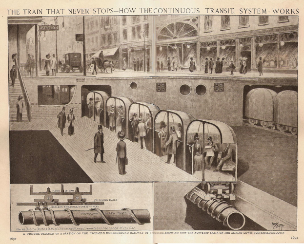 Ein Artikel mit Bildern von Menschen, Zügen und anderen Gegenständen sowie einem Text mit der Überschrift "Der Zug, der nie aufhört - wie das kontinuierliche Transportsystem funktioniert".
