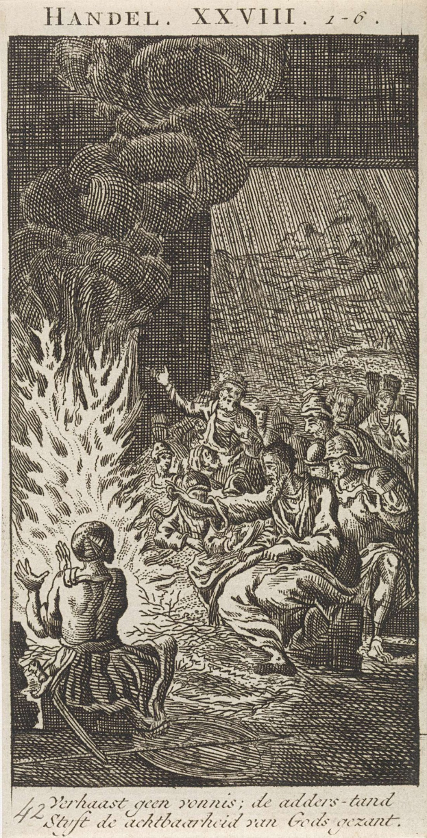 Schwarze und weiße Radierung einer Gruppe von Menschen, die sich um ein helles Feuer versammelt haben, einige schauen ängstlich nach oben und andere ehrfürchtig nach unten, mit Text oben und unten auf dem Papier.