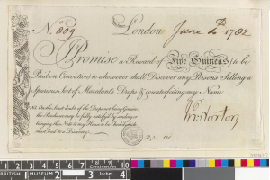 Schwarz-weißes Dokument mit handgeschriebener Schrift, amtlichem Stempel und Farbskalen am unteren Rand, die eine Belohnung von fünf Emiraten für die Meldung von Fälschungen von Mardants Tropfen angeben.