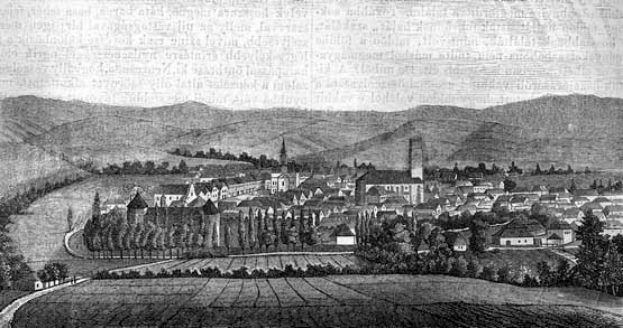 Eine Schwarz-Weiß-Zeichnung einer kleinen Stadt in einem Tal umgeben von Bäumen und Hügeln mit der Aufschrift "Bayern, Deutschland, 1857" oben.