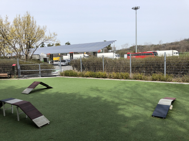 Ein eingezäunter Hundepark mit Kunstgras, Rampen und umliegender Vegetation, Fahrzeugen, Hütten und einem Laternenpfahl unter einem sichtbaren Himmel.