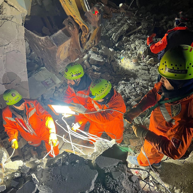 Gruppe von Menschen in orangefarbenen Uniformen und grünen Helmen bei der Arbeit an Trömmern eines eingestürzten Gebäudes, mit Werkzeugen und Materialien, mit einem Kran im Hintergrund.