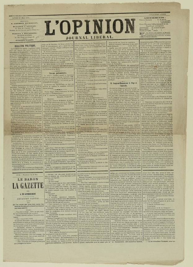 Altes, vergilbtes Zeitungsblatt mit der Schlagzeile "L'opinion" in schwarzer Tinte auf der Titelseite.