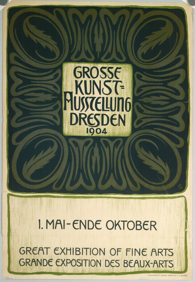 Plakat für die Große Kunstausstellung an der Grand Exposition des Beaux-Arts in Dresden, Deutschland 1904, mit auffälliger Textwerbung für die Ausstellung.